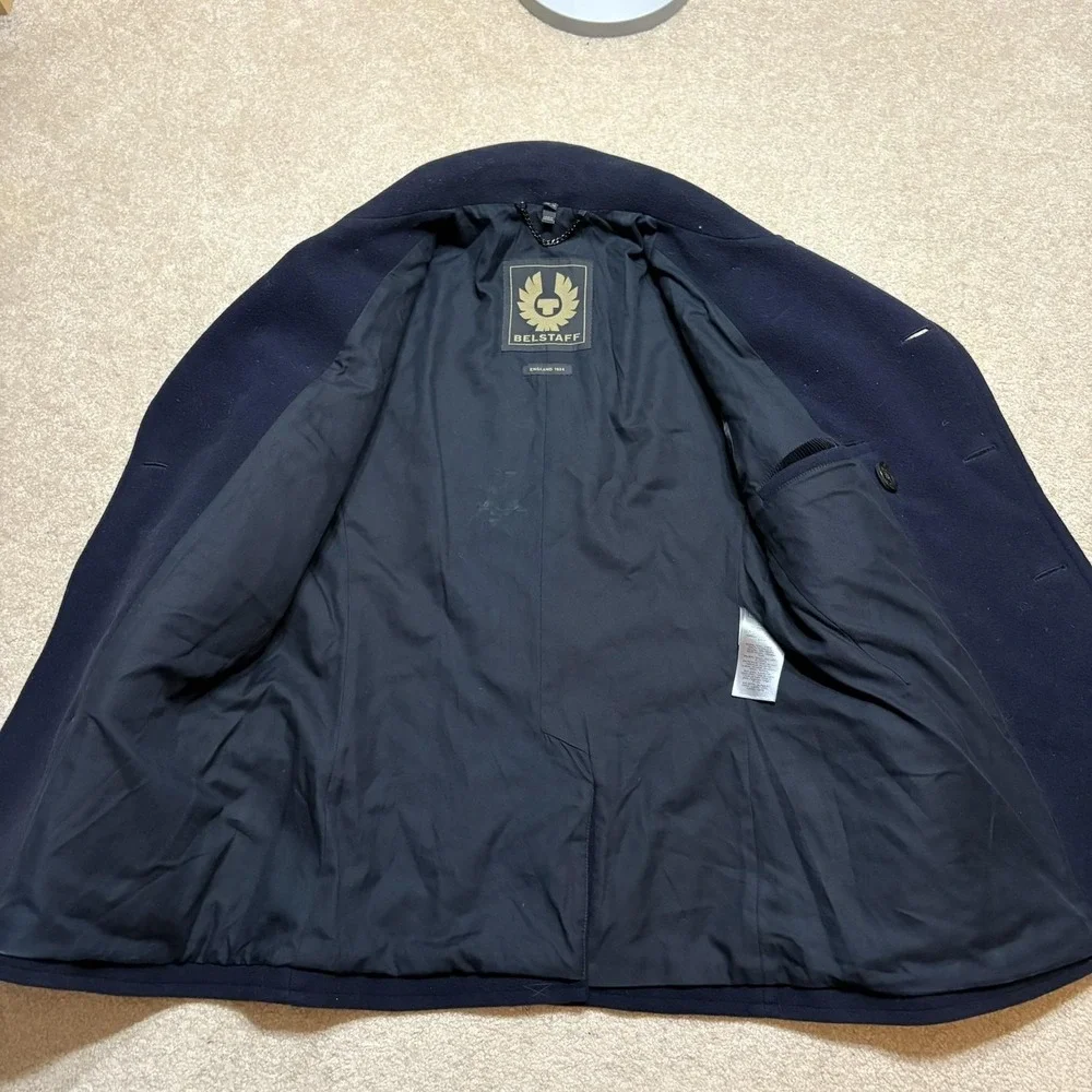 Belstaff Pea Coat Mens 38 Navy Wool Double Breasted Lined Classic Winter‎